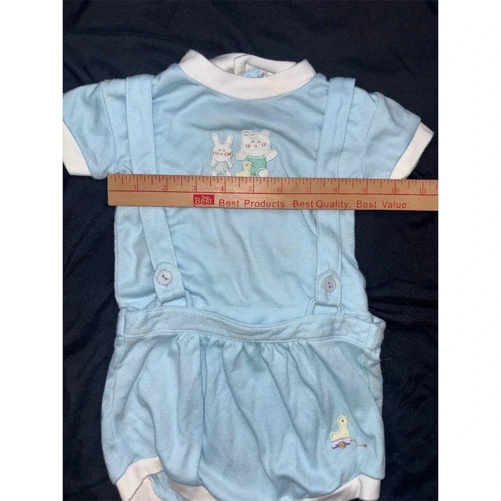 Vintage Baby Romper One-Piece Light Blue Suspender Bunny Bear Duck 9M Jon Jon